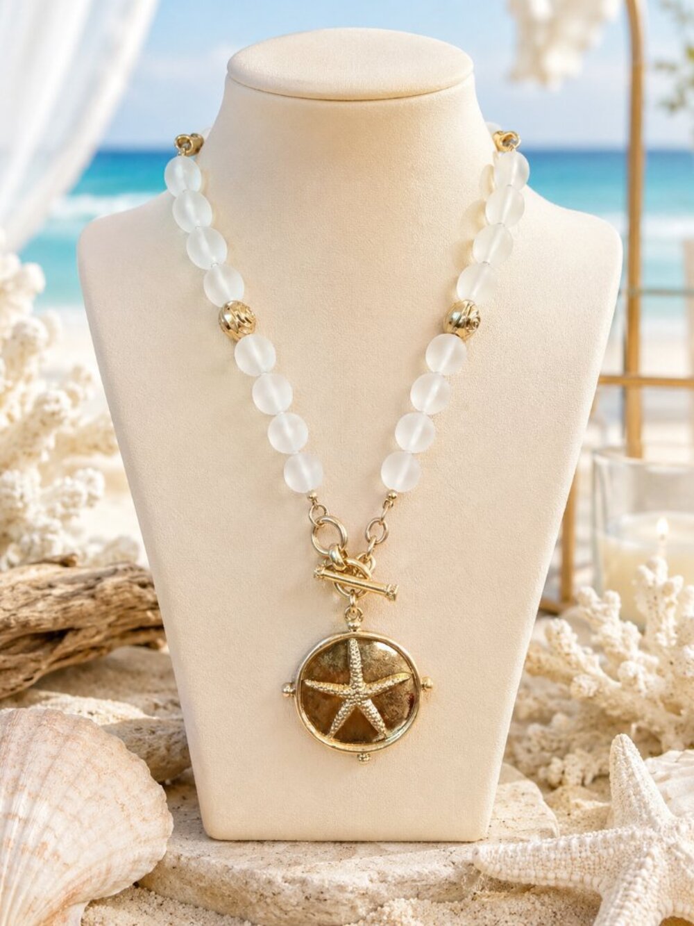 White Coastal Starfish Pendant Necklace | Gold Starfish Beach Necklace | Summer